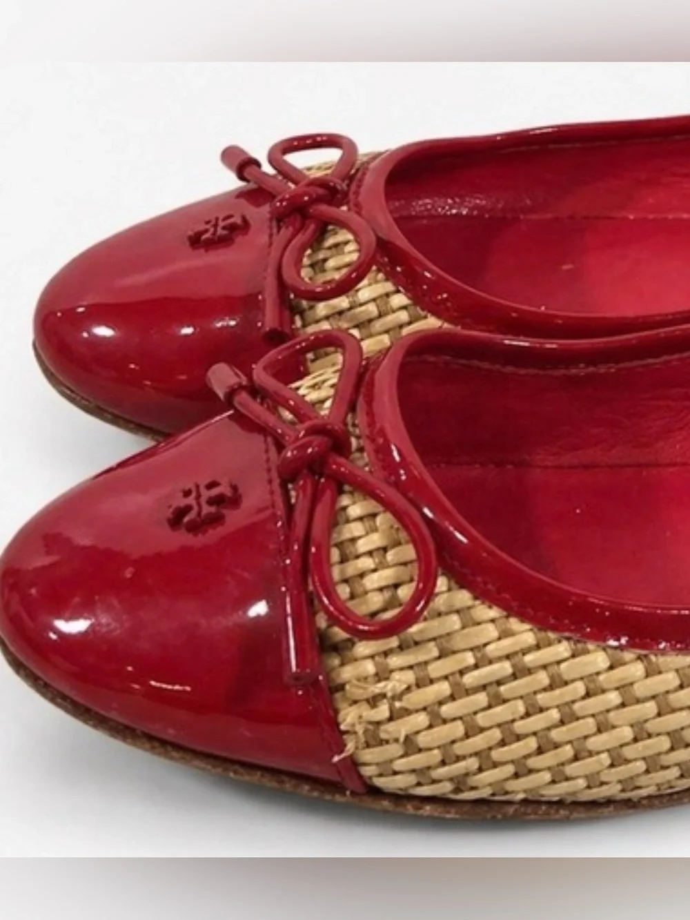 Tory Burch Reva Ballet Flats Red Patent & Raffia Woven Shoes Size 8.5M